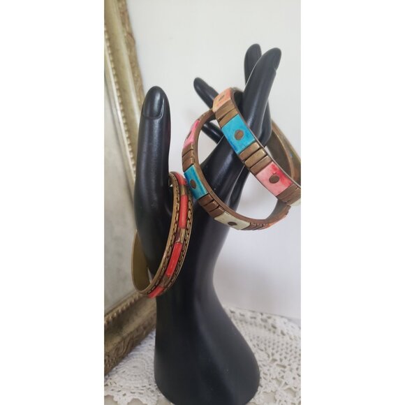 Three Colourful Resin Brass Bangles Vintage Jewelry Accents Colourful - Picture 4 of 10